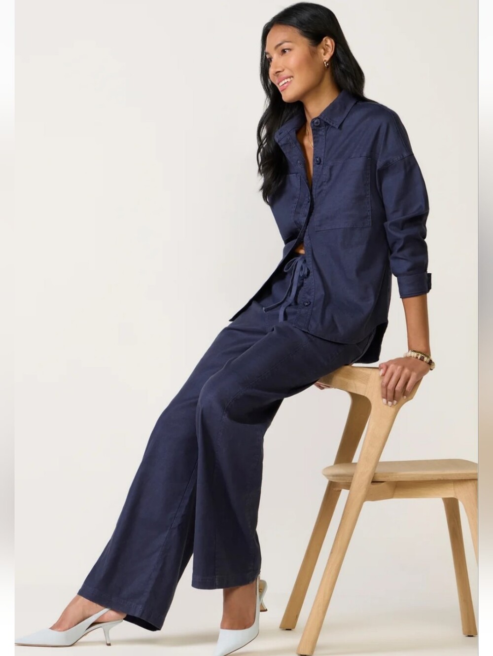 Evereve Joelle Stretch Linen Trouser with Tie Waist Navy Medium NWT